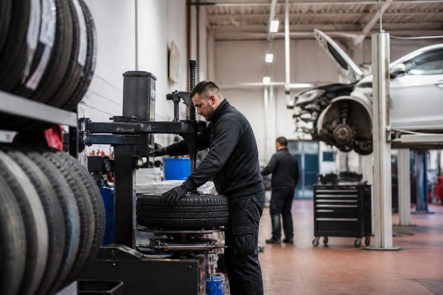 Atelier d'un centre auto avec espace pneumatiques et entretien