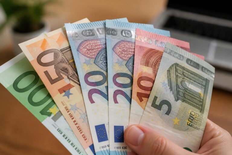 Billets d'euros disposés en éventail illustrant les coupures officielles de la monnaie européenne