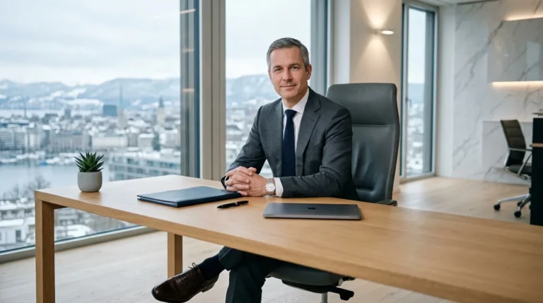 Homme d'affaires en costume assis à son bureau avec vue panoramique