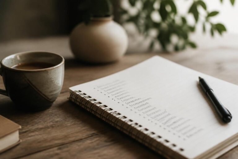 Carnet avec une liste de valeurs personnelles écrites à la main, posé près d'une tasse de café