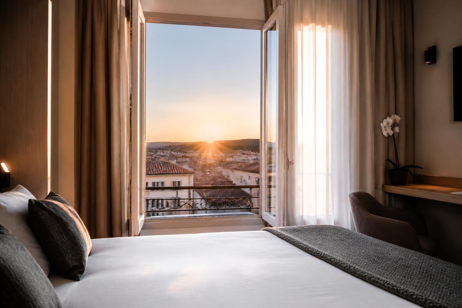 Chambre d'hôtel lumineuse avec vue sur les toits d'Alès au lever du jour
