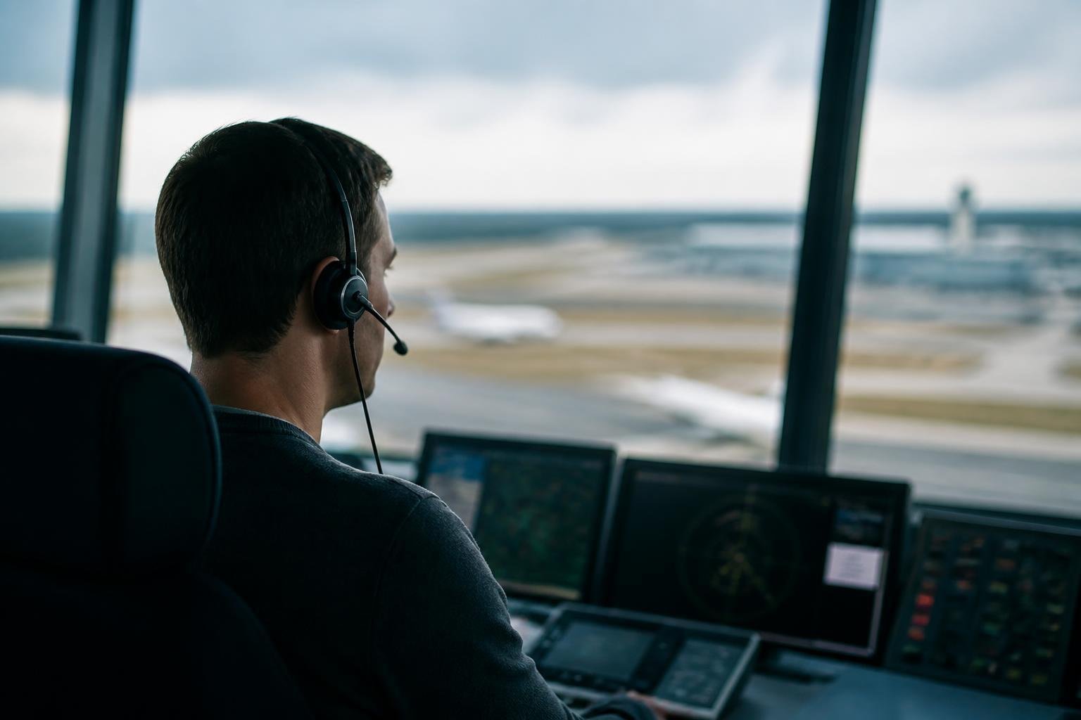 Contrôleur aérien au travail devant les écrans radar d'une tour de contrôle