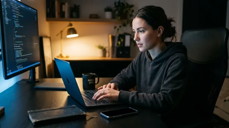 Femme programmeur codant sur ordinateur portable la nuit