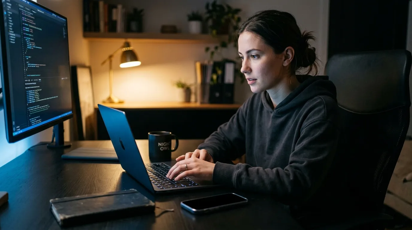 Femme programmeur codant sur ordinateur portable la nuit