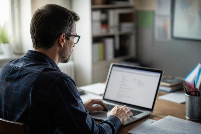 Enseignant se connectant à sa messagerie académique sur un ordinateur portable