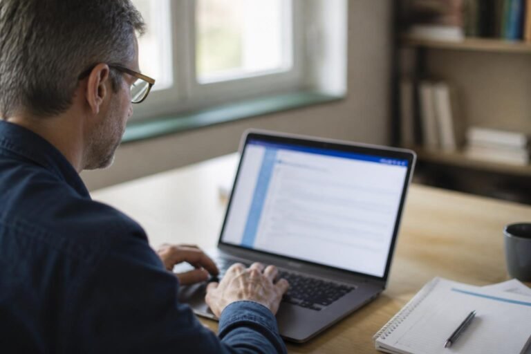 Enseignant se connectant à sa messagerie académique sur un ordinateur portable