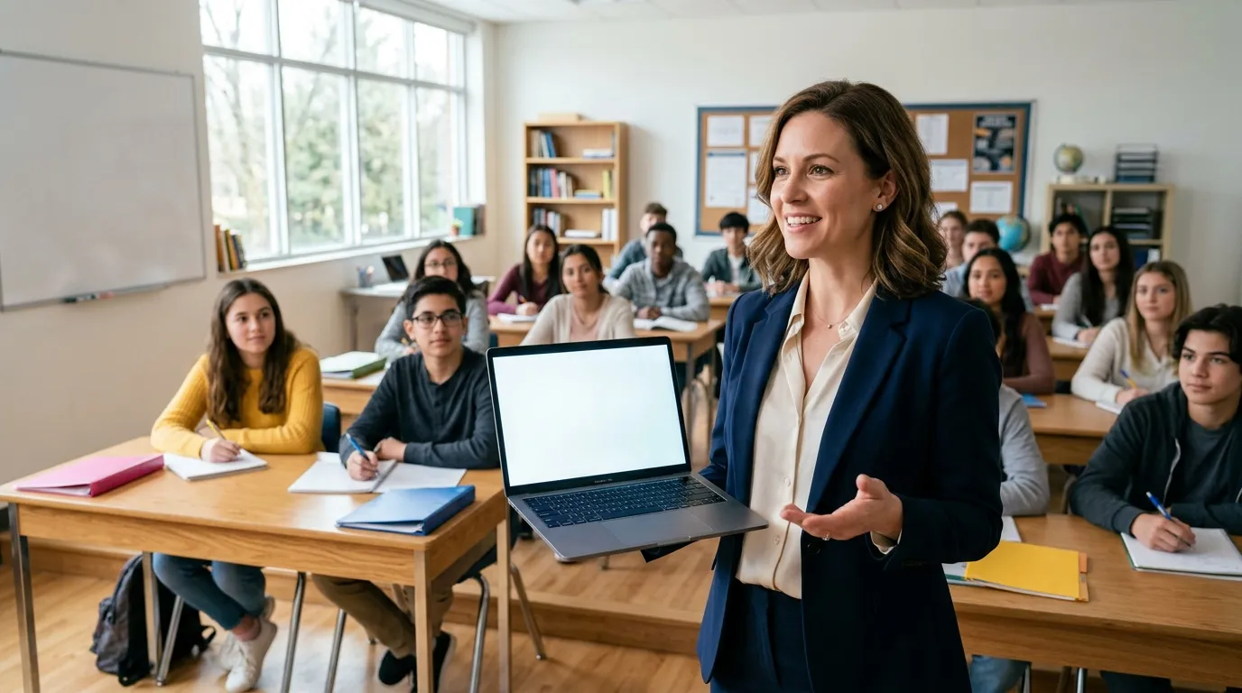 Professeure souriante montre un ordinateur portable devant sa classe