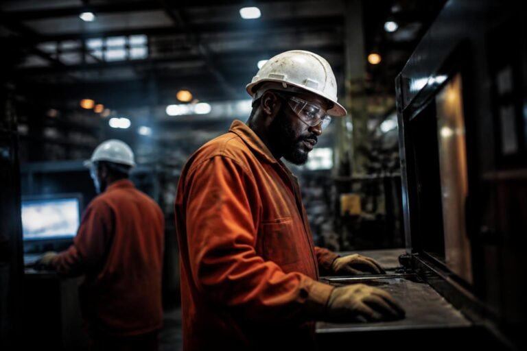 Équipe d'ouvriers pendant un poste de nuit dans une usine industrielle