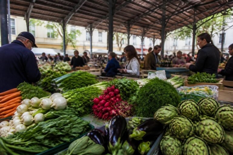 Étals de produits frais sous la halle couverte des Halles de l'Abbaye à Alès