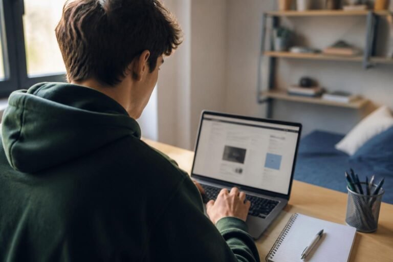 Étudiant se connectant au portail numérique de son école d'ingénieurs sur un ordinateur portable