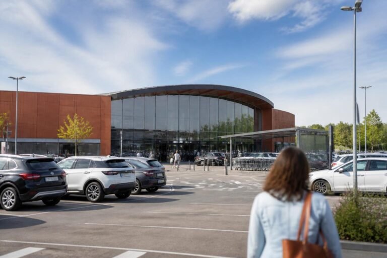 Façade et parking d'un hypermarché U en France