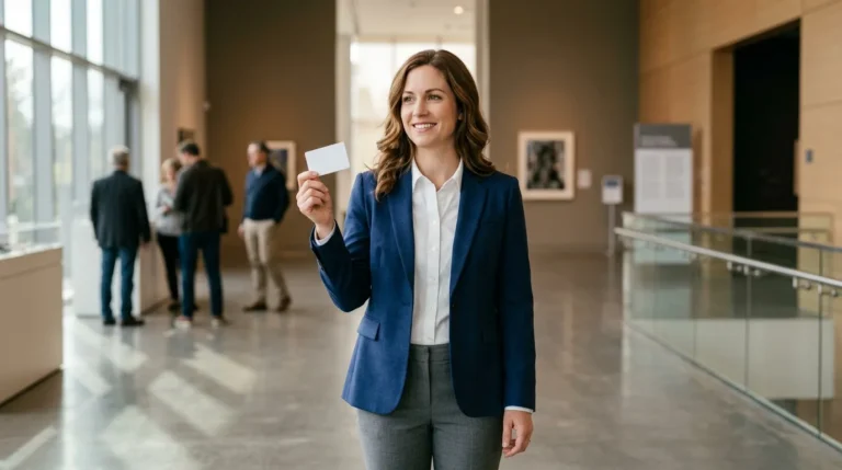 Professionnelle en blazer bleu tenant une carte blanche dans un couloir