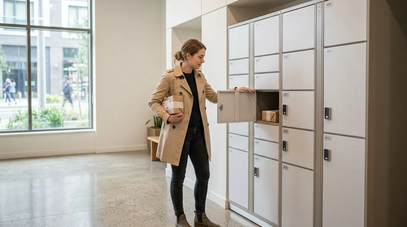 Femme en trench coat retire un colis du casier automatique