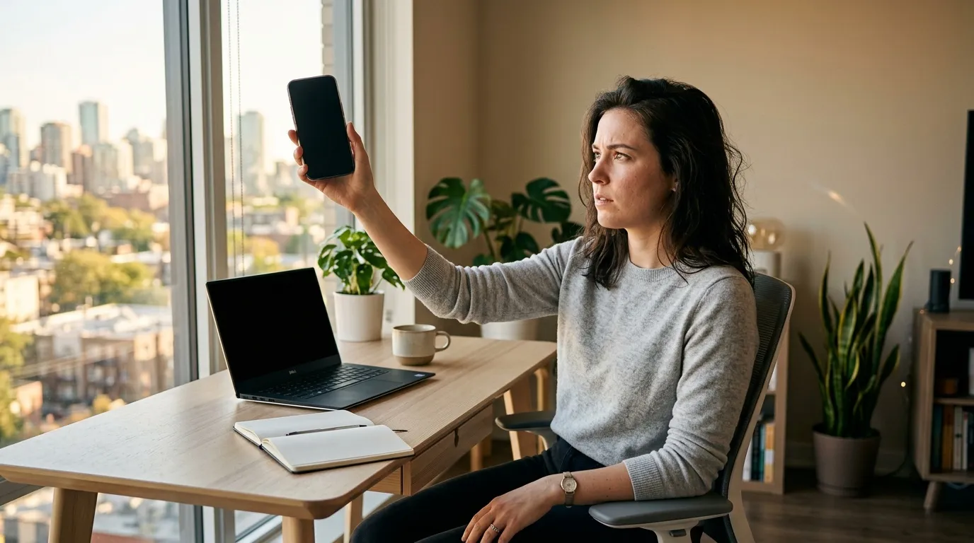 Femme tenant un téléphone à son bureau avec vue sur la ville