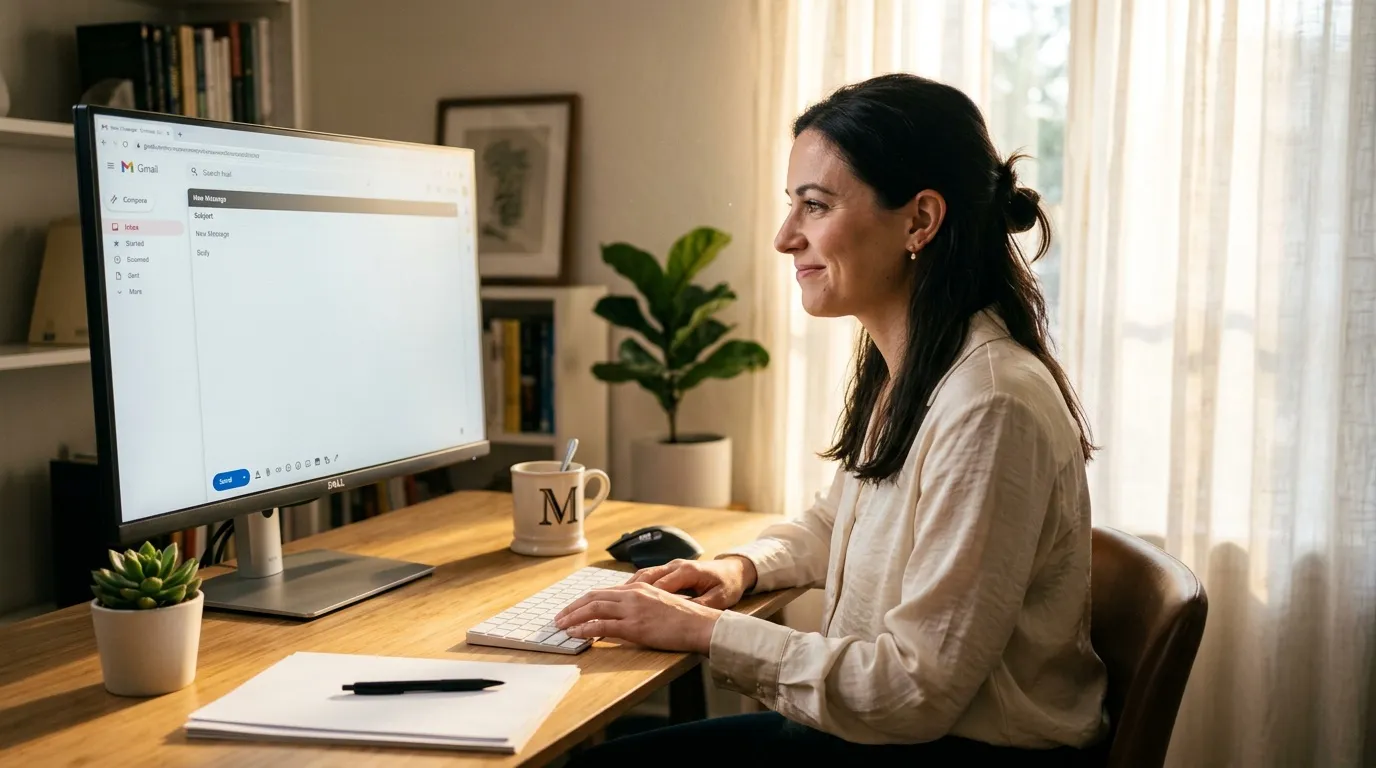 Femme assise à un bureau composant un email Gmail