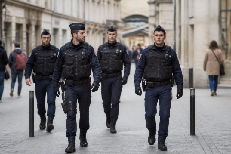Forces de l'ordre en patrouille dans une rue du centre-ville