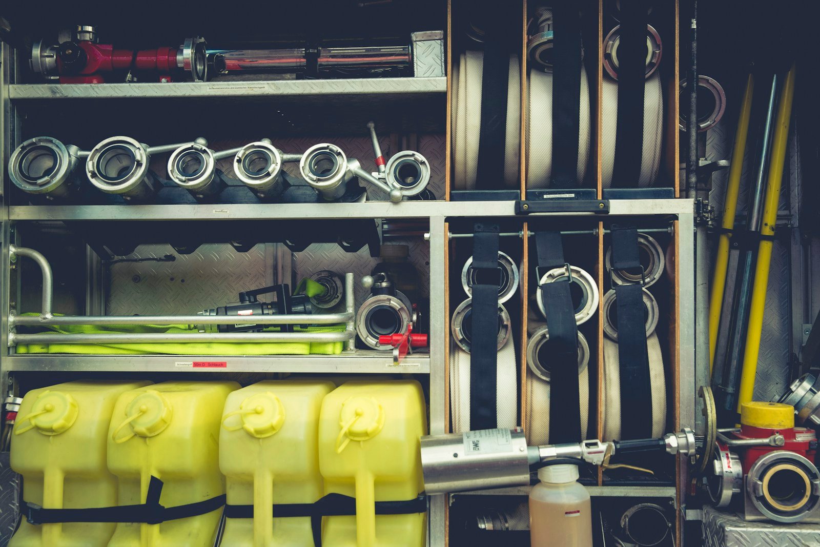 Intérieur d'un fourgon pompier avec matériel et outils rangés
