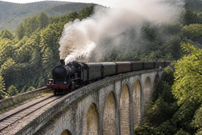Le train à vapeur des Cévennes traversant un viaduc au-dessus d'une vallée boisée