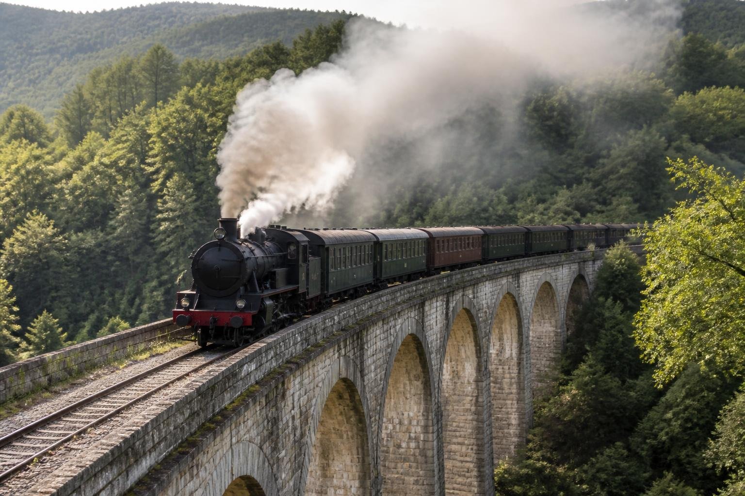 Le train à vapeur des Cévennes traversant un viaduc au-dessus d'une vallée boisée