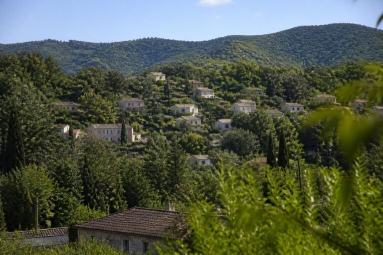 Le village de Saint-Julien-les-Rosiers et ses collines verdoyantes, au nord d'Alès dans le Gard