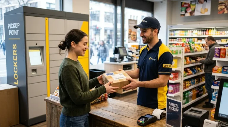 Coursier remet un colis à une cliente dans un magasin