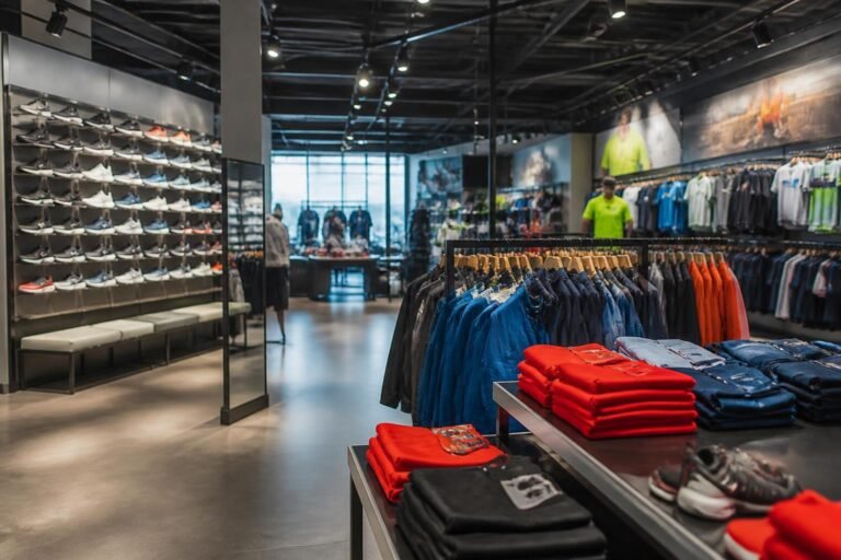 Magasin de sport Intersport avec rayons de vêtements et chaussures