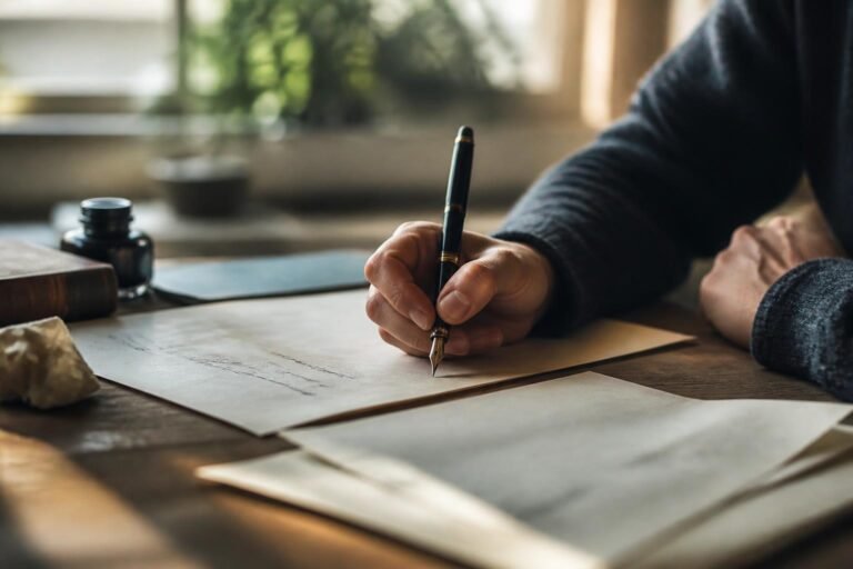 Main écrivant une lettre au stylo plume, hésitation entre deux orthographes
