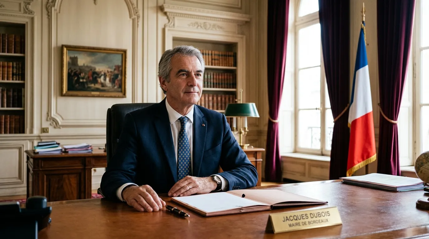 Homme en costume bleu à un bureau officiel avec drapeau français