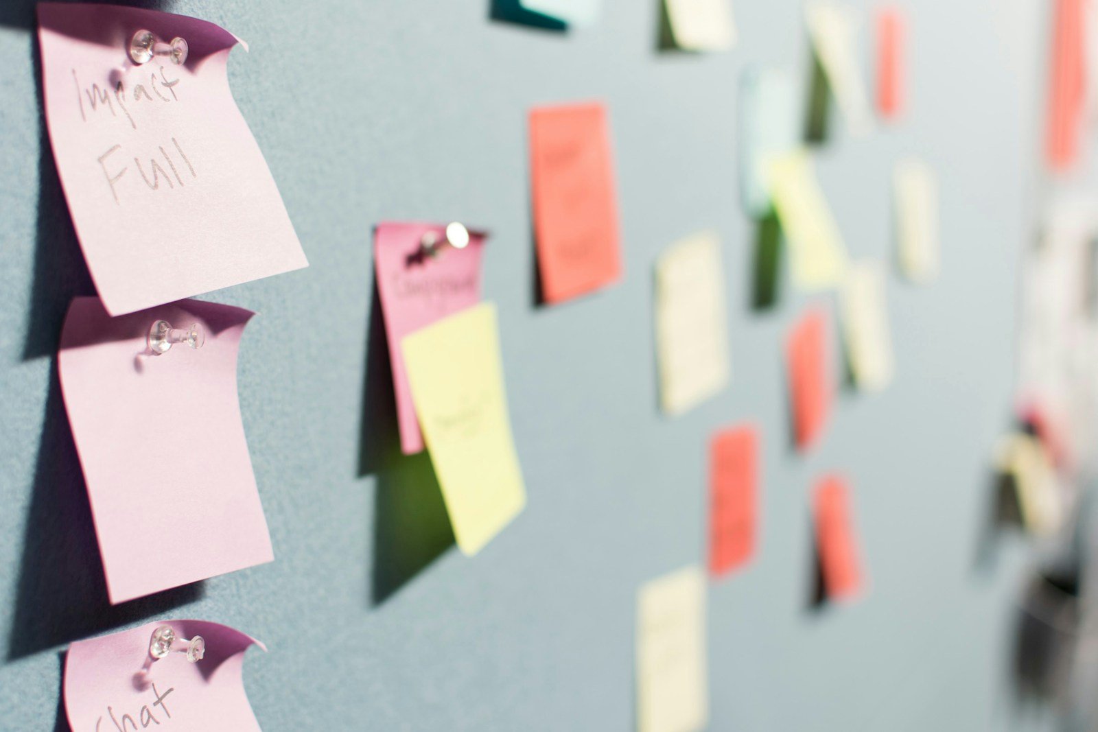 Notes colorées portant chacune un mot, épinglées sur un mur