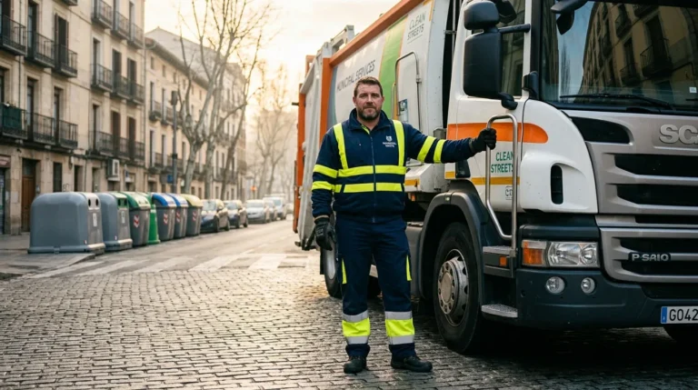 Agent municipal en gilet jaune devant camion de propreté urbaine