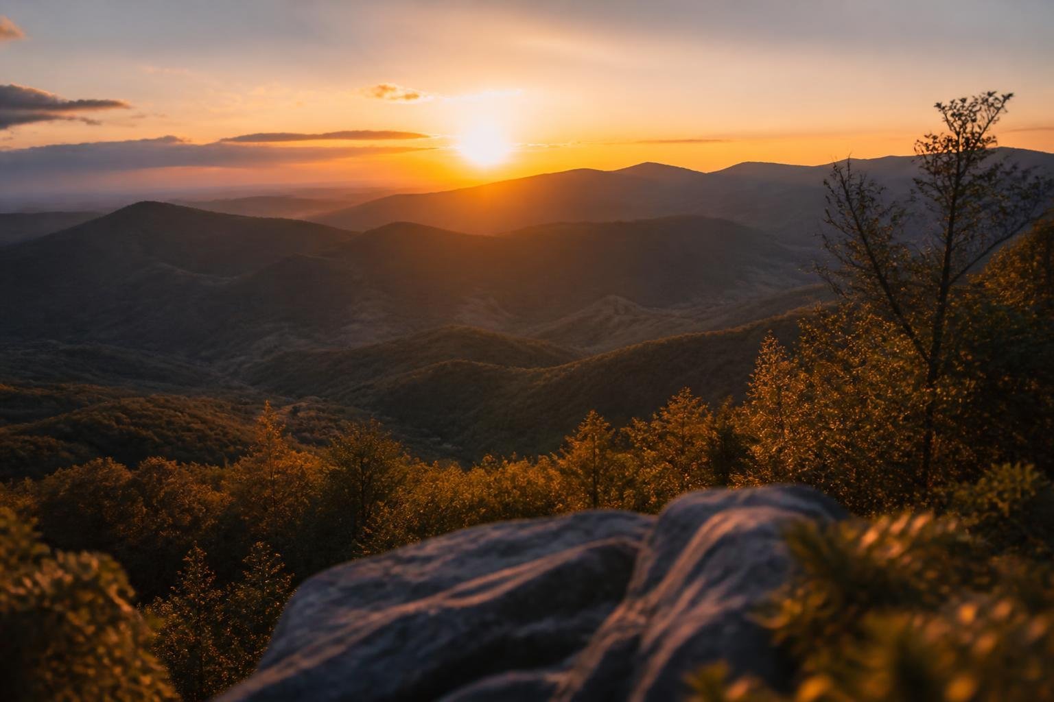 Paysage des Cévennes au coucher du soleil, vallées boisées et sommets à l'horizon