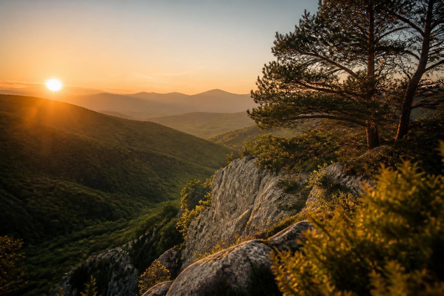 Paysage des Cévennes, crêtes et vallées boisées du sud du Massif central à la lumière dorée