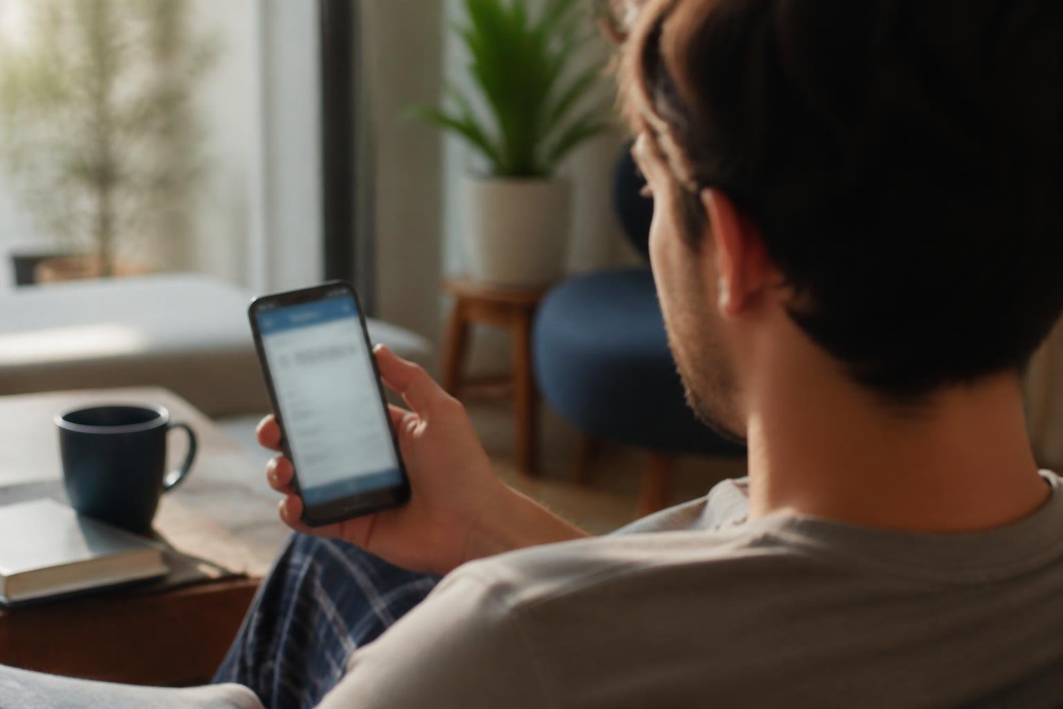 Personne consultant le solde de son compte bancaire sur un smartphone le matin à la maison