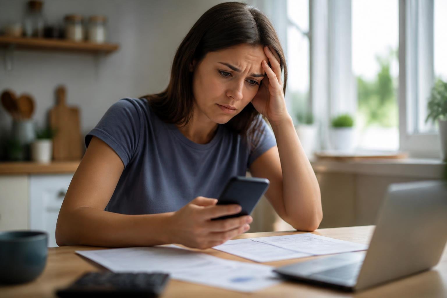 Personne inquiète consultant un relevé bancaire et son smartphone à la table de la cuisine