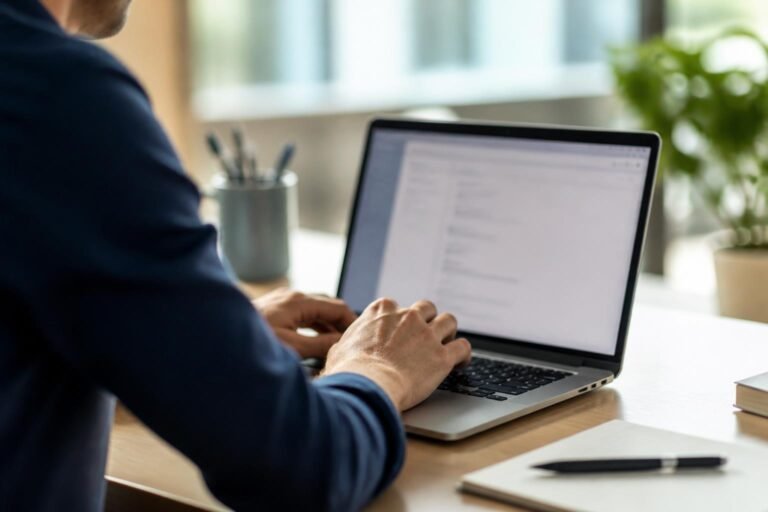 Personne rédigeant un email professionnel sur un ordinateur portable