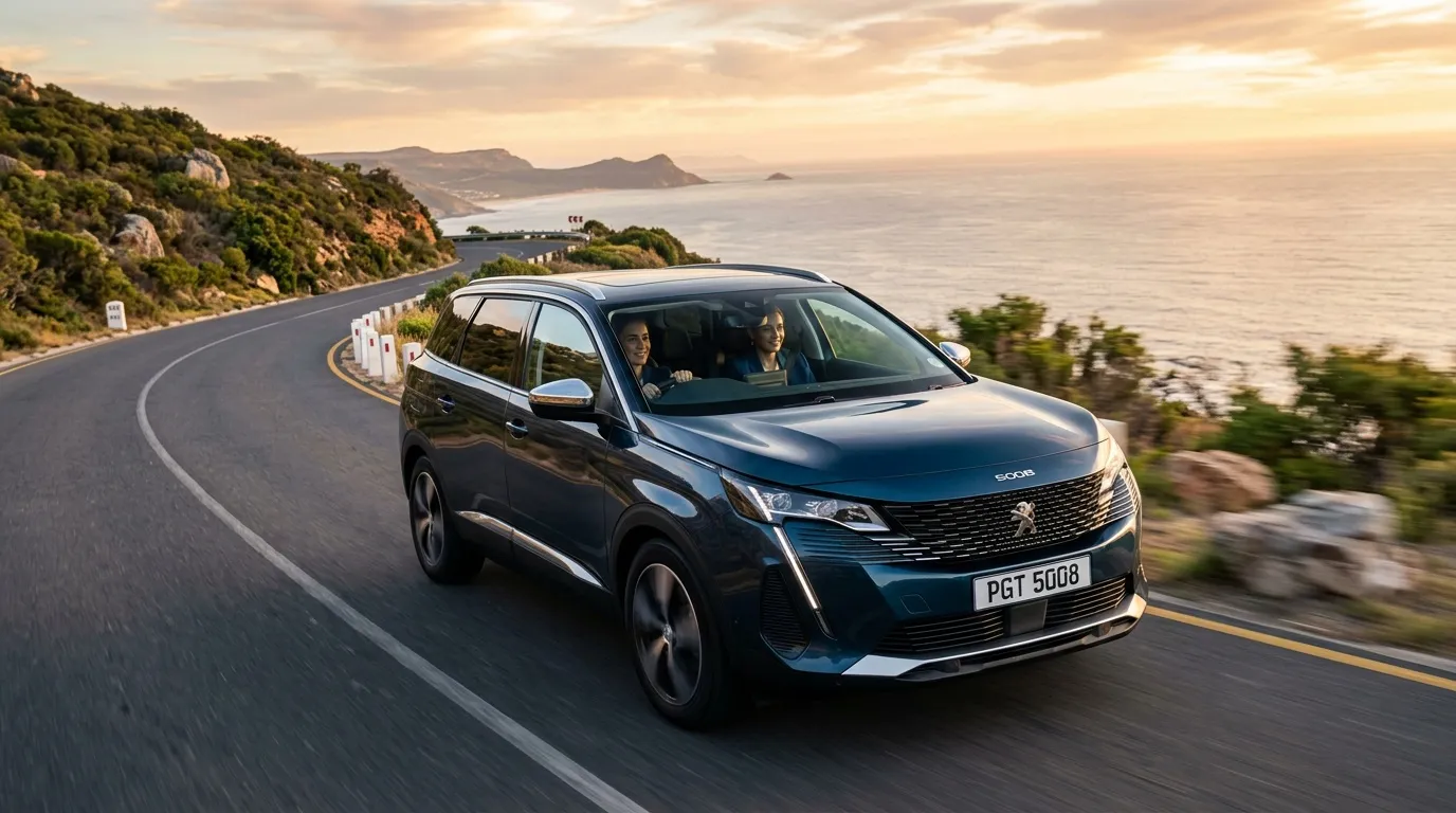 SUV bleu foncé roulant sur route sinueuse avec mer en arrière-plan