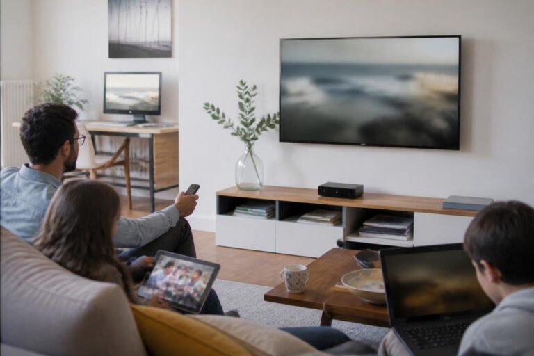 Plusieurs téléviseurs reliés à une box fibre dans un salon familial