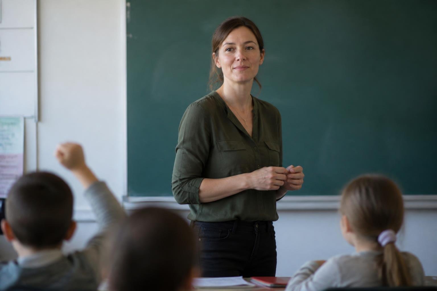 Professeur des écoles devant le tableau de sa classe en France