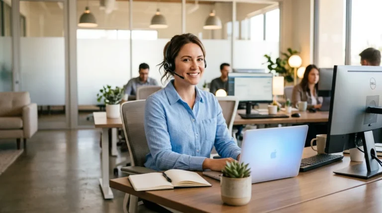 Femme avec casque travaillant au bureau dans un centre d'appels