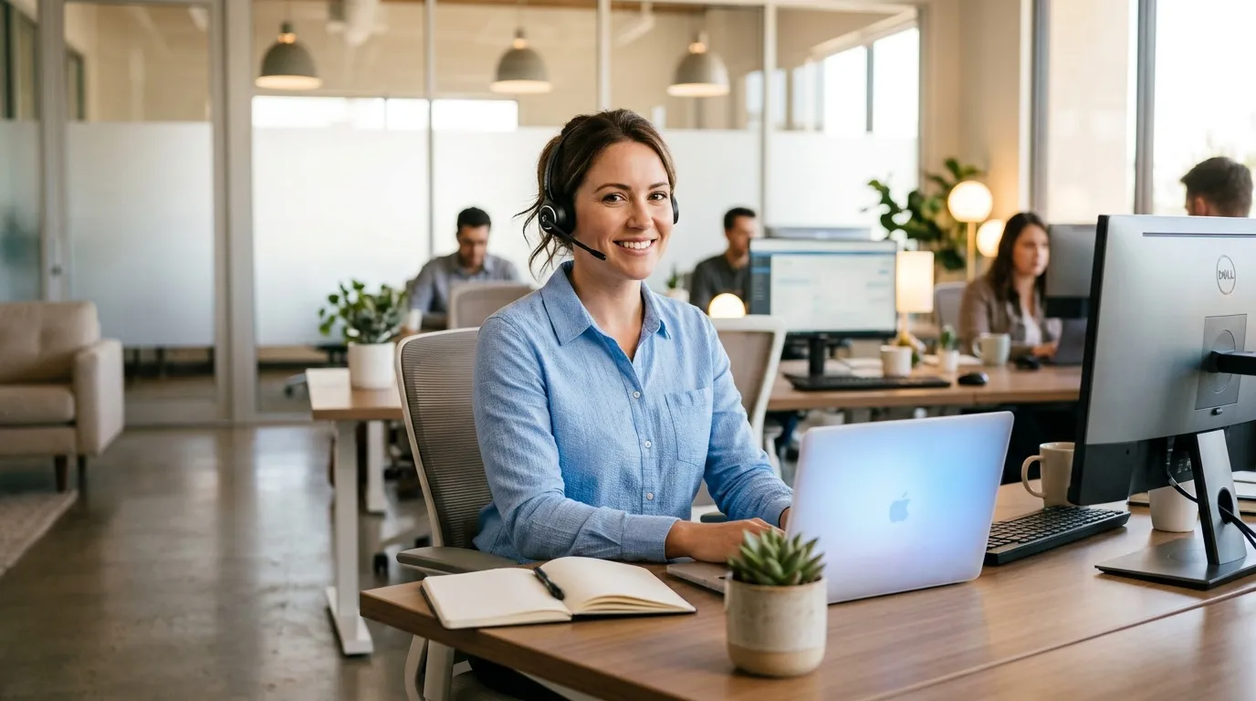 Femme avec casque travaillant au bureau dans un centre d'appels