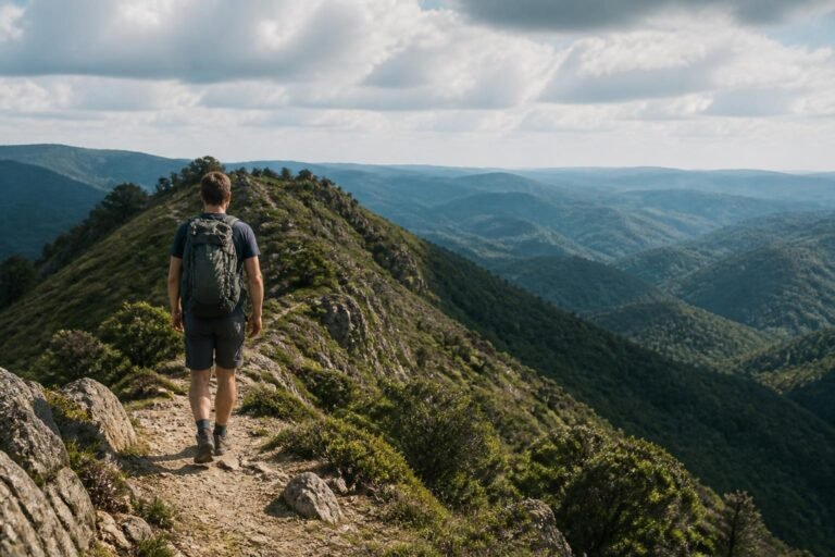Randonneur sur un sentier de crête dans les Cévennes, vallées boisées à l'horizon