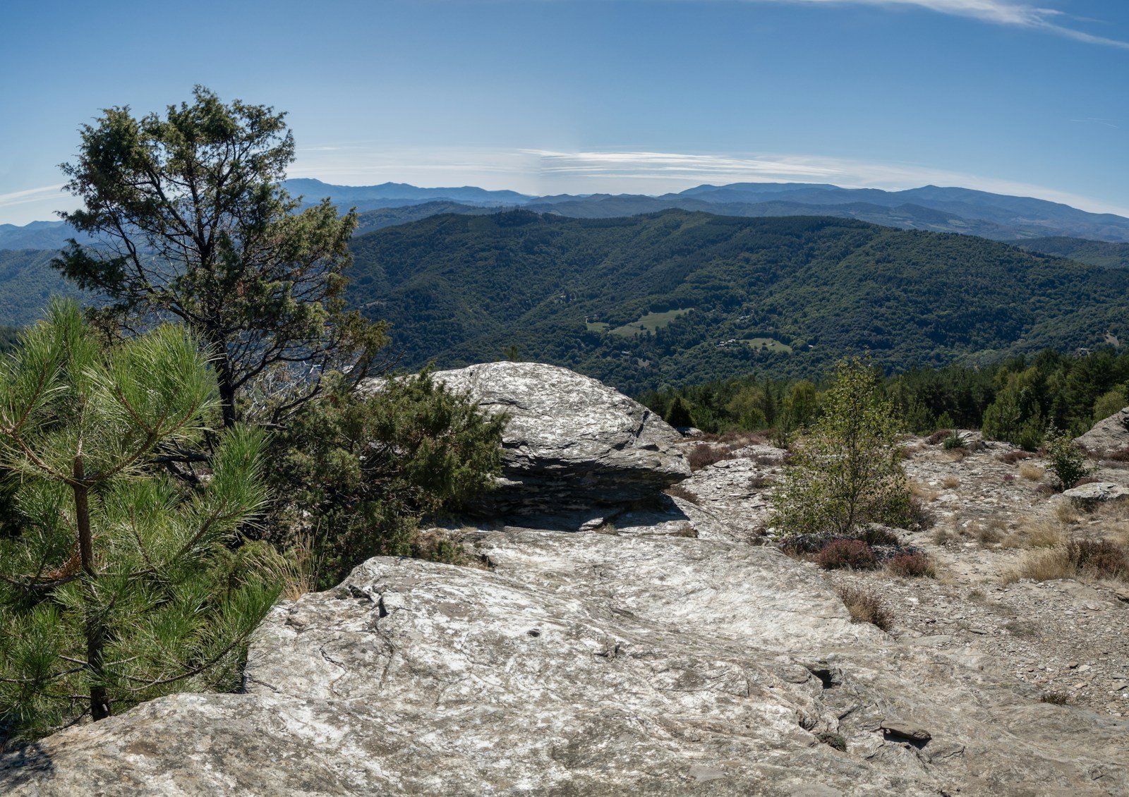 Randonneurs sur un sentier des Cévennes accompagnés d'un âne bâté