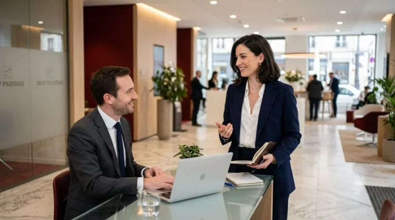 Deux professionnels discutent dans un hall d'entreprise lumineux