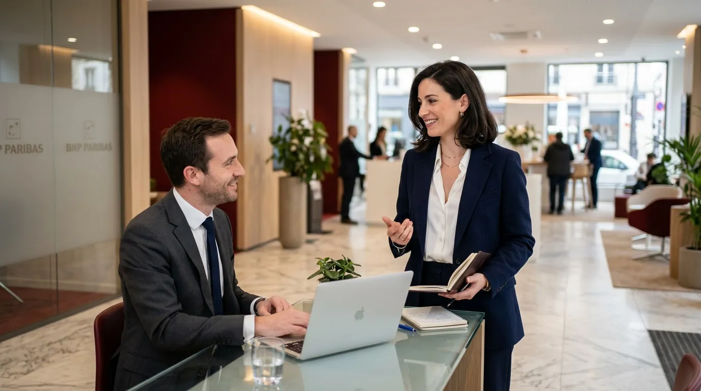 Deux professionnels discutent dans un hall d'entreprise lumineux