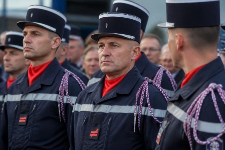Sapeurs-pompiers français en uniforme lors d'un rassemblement officiel