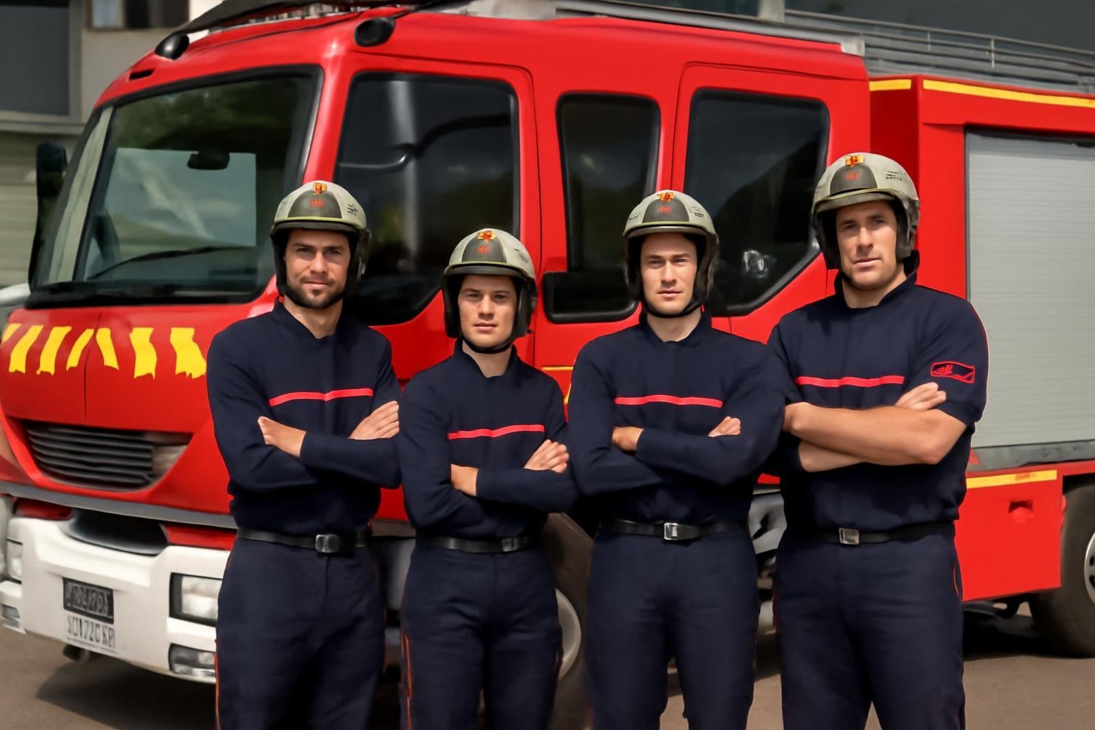 Sapeurs-pompiers volontaires devant leur camion d'intervention rouge