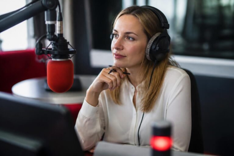 Studio de radio matinale avec micro, évoquant l'univers professionnel d'une journaliste