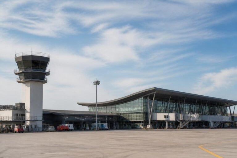 Terminal et tour de contrôle de l'aéroport de Nîmes sous le ciel du Gard