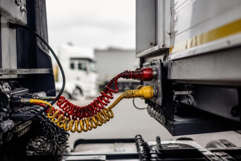 Têtes d'accouplement rouge et jaune reliant un tracteur routier à sa remorque