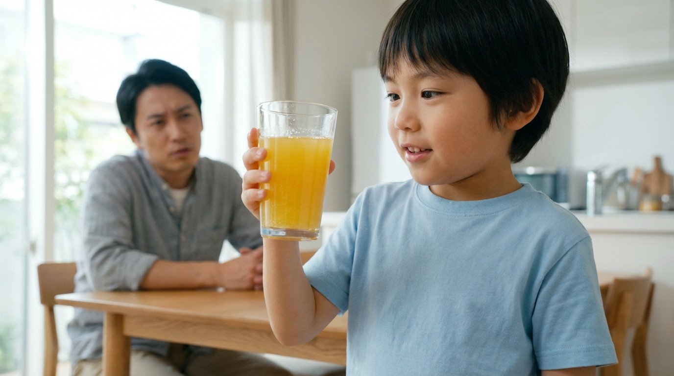 Un jeune garçon asiatique tient un verre de tourtel twiwt, souriant. Un homme flou en arrière-plan le regarde avec inquiétude.